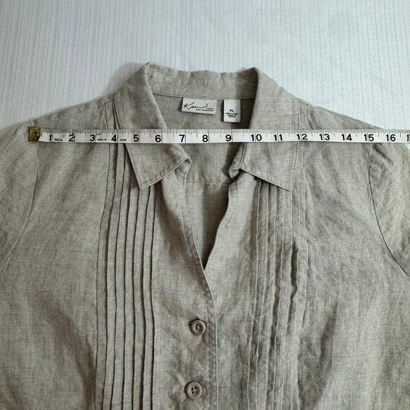 Kim Rogers Linen Shirt Petite L Oatmeal Pintuck Button Front Pockets Casual - Picture 3 of 10